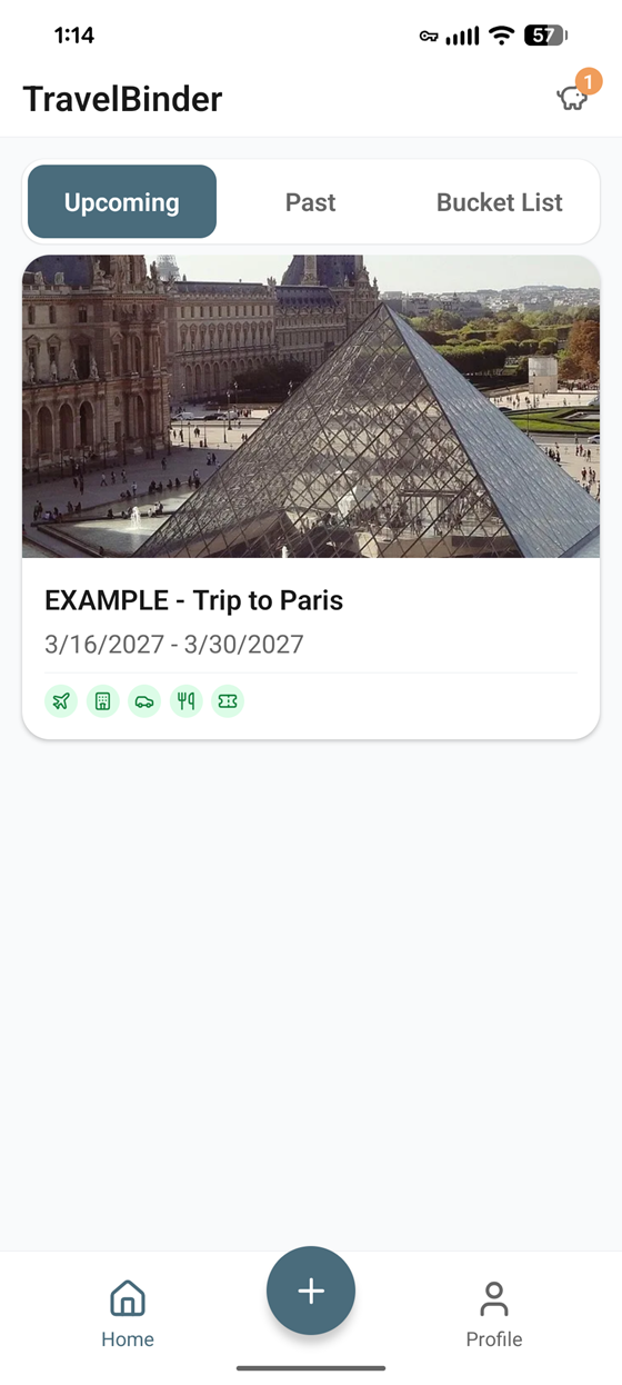 TravelBinder home screen showing upcoming trips