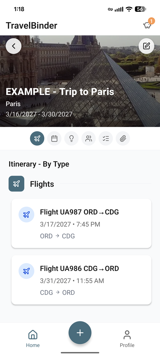 TravelBinder trip list with flights, hotels, and activities