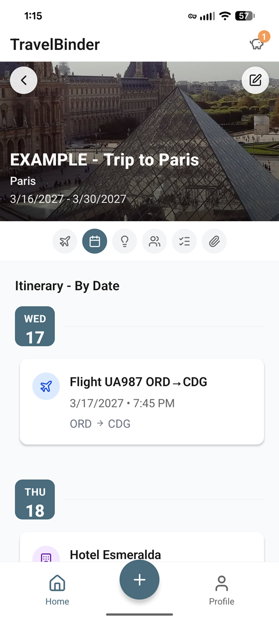 TravelBinder itinerary organized by date