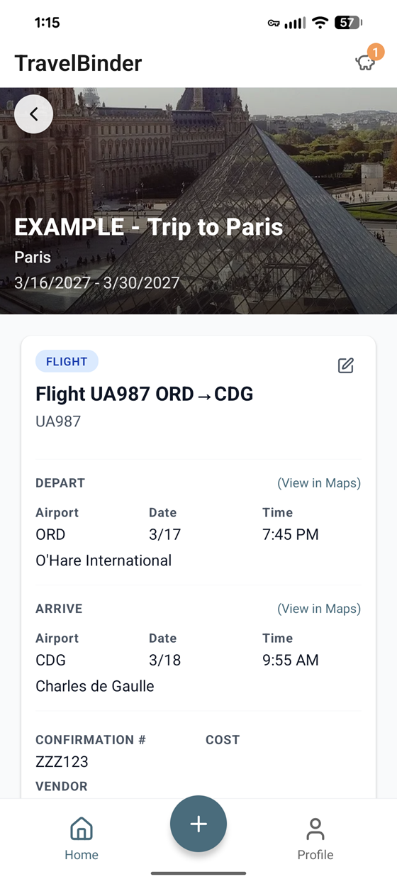 TravelBinder flight detail with confirmation info