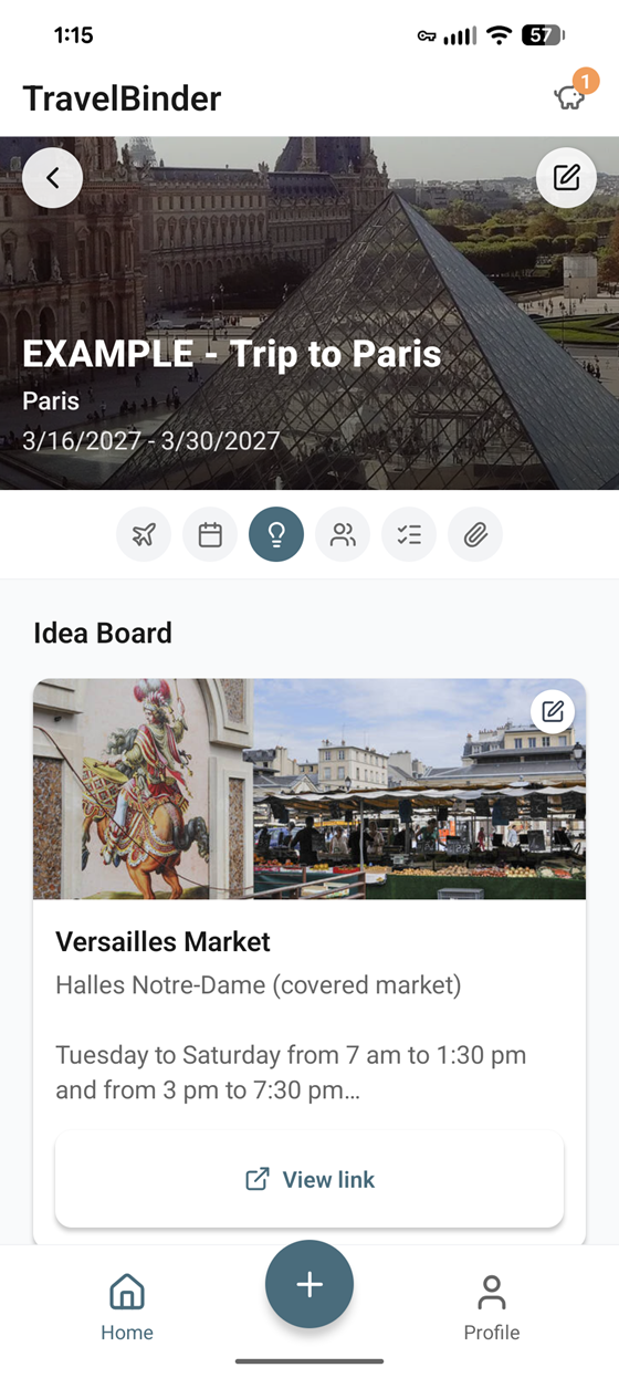 TravelBinder Idea Board for saving trip inspiration