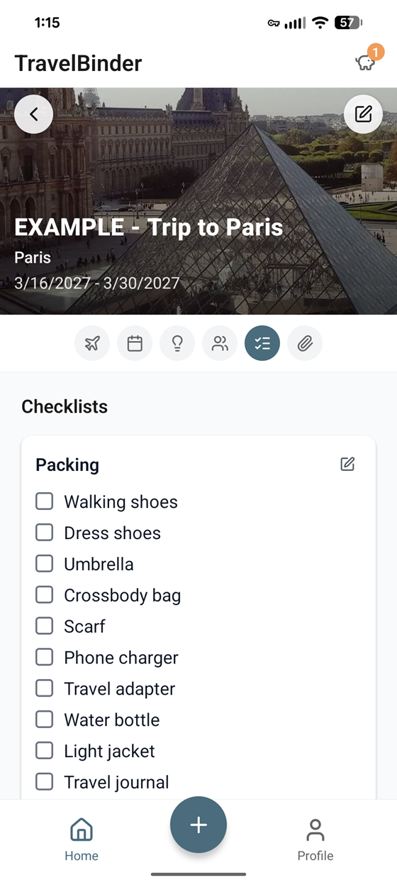 TravelBinder packing and planning checklists